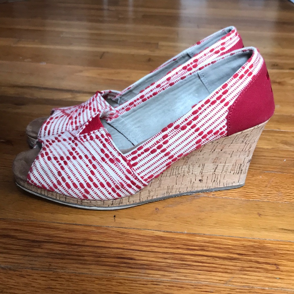 Toms Peep Toe Embroidered Cork Wedges